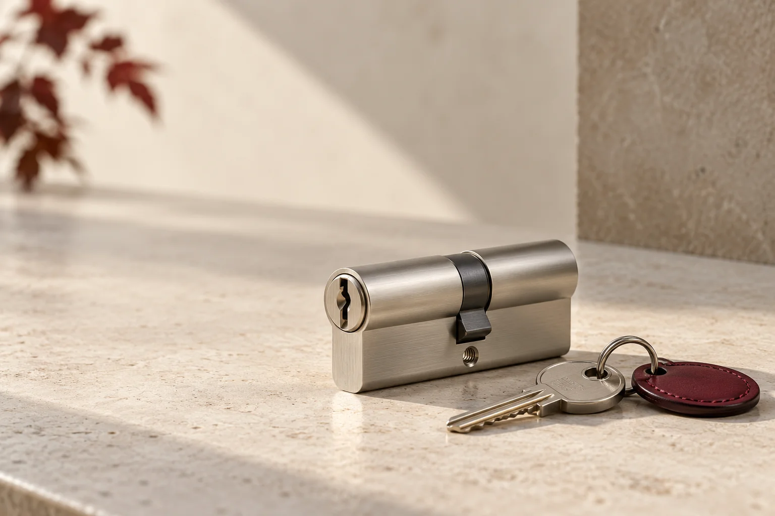 One beautifully engineered brushed-metal door lock cylinder and matching key on a pale architectural work surface with a tiny burgundy key fob, macro detail with generous breathing room.