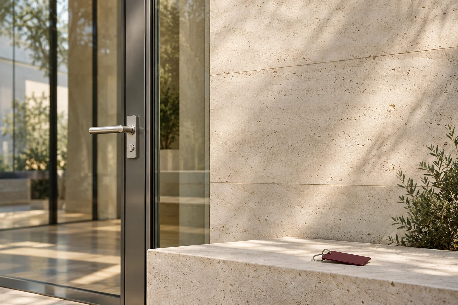 A refined glass building entrance with a physical brushed-steel lever handle and a slender burgundy access credential on a pale stone sill, generous quiet limestone wall.
