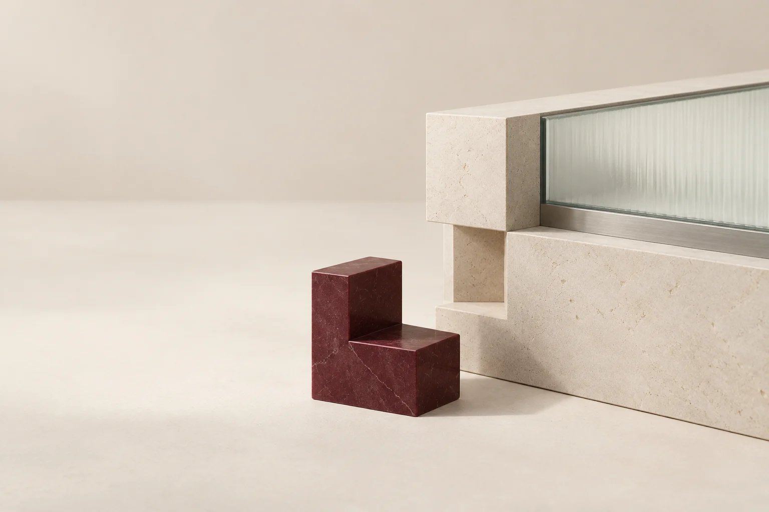 A separate burgundy corner piece sits beside a matching gap in a stone structure.