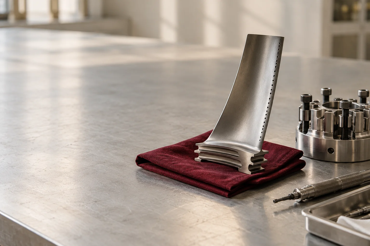 A small precision aerospace turbine blade and machined fastener fixture on a broad pale engineering workbench, a folded burgundy protective cloth beneath one component.