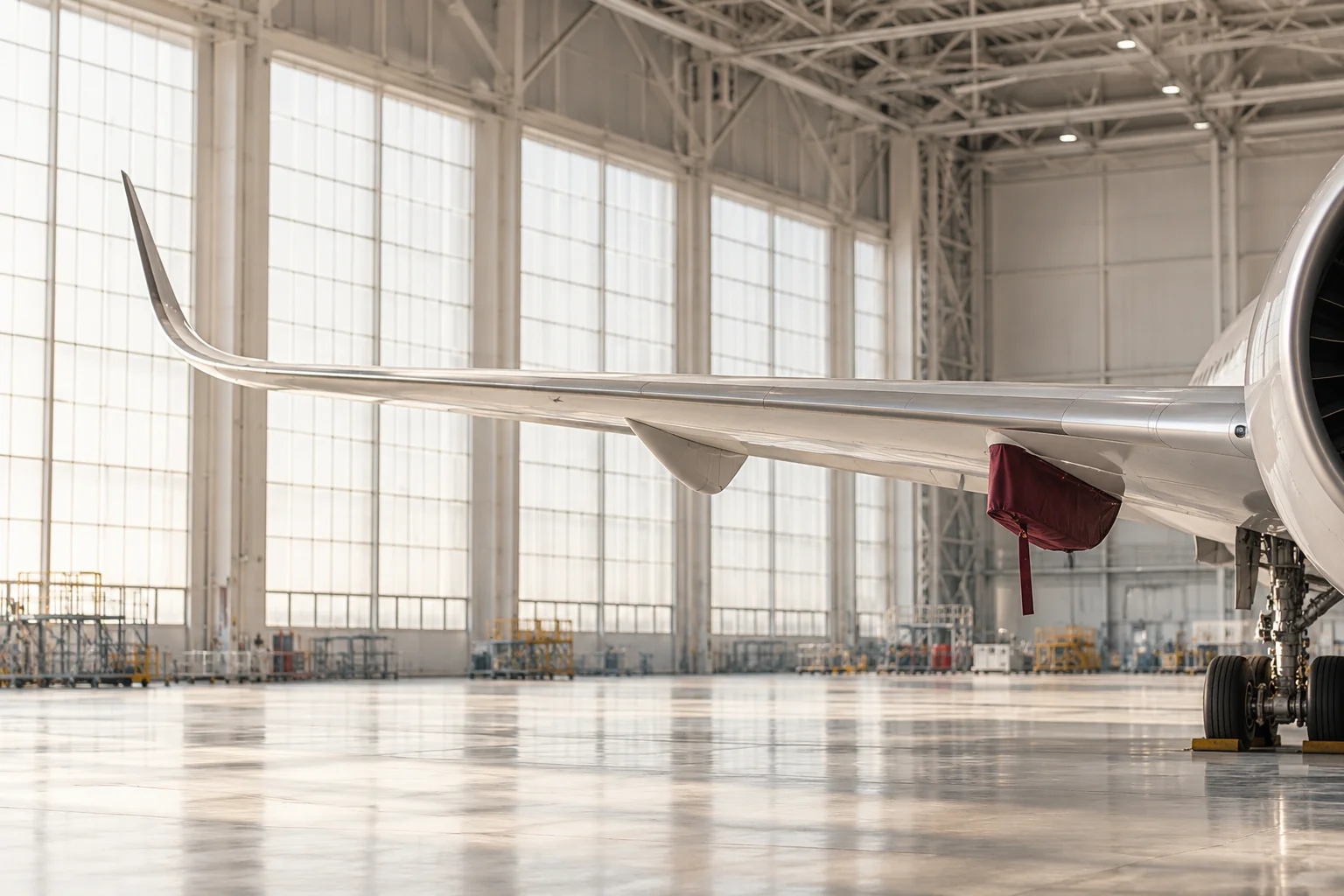 A pristine aerodynamic aircraft wing section in a vast pale aircraft assembly hangar, one discreet burgundy maintenance cover, realistic aerospace proportions and broad negative space.