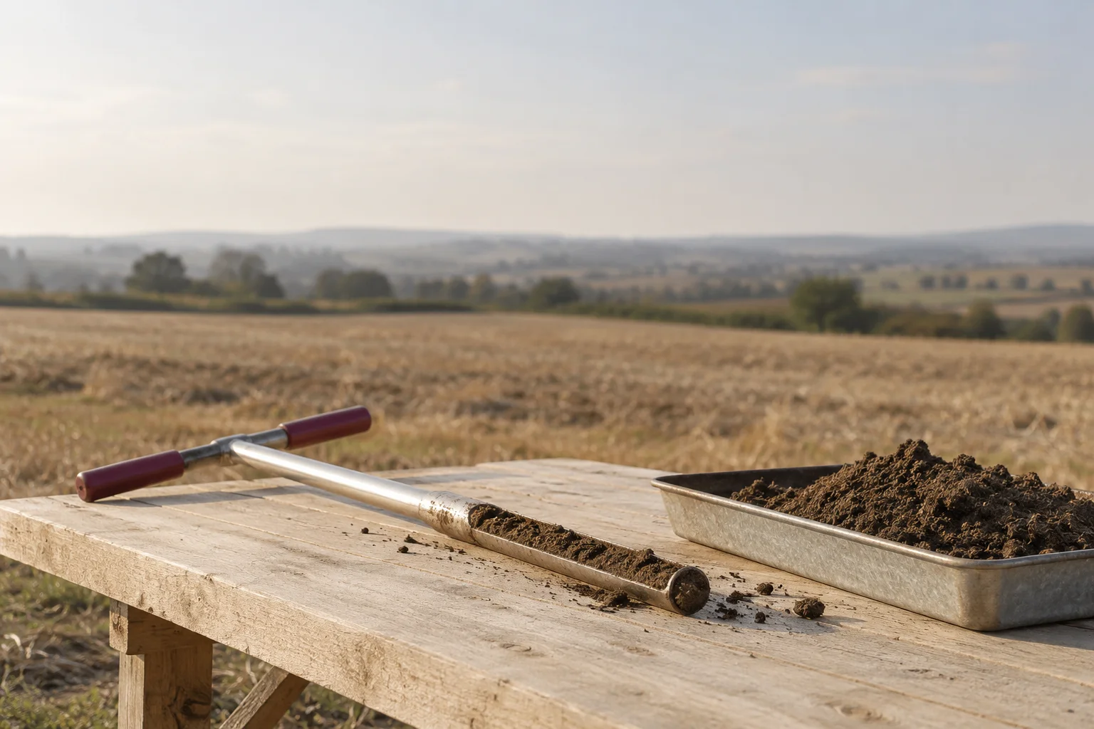 A soil sampling tool and a shallow tray of real dark earth on a pale agricultural field bench, a burgundy tool grip, empty soft field beyond.