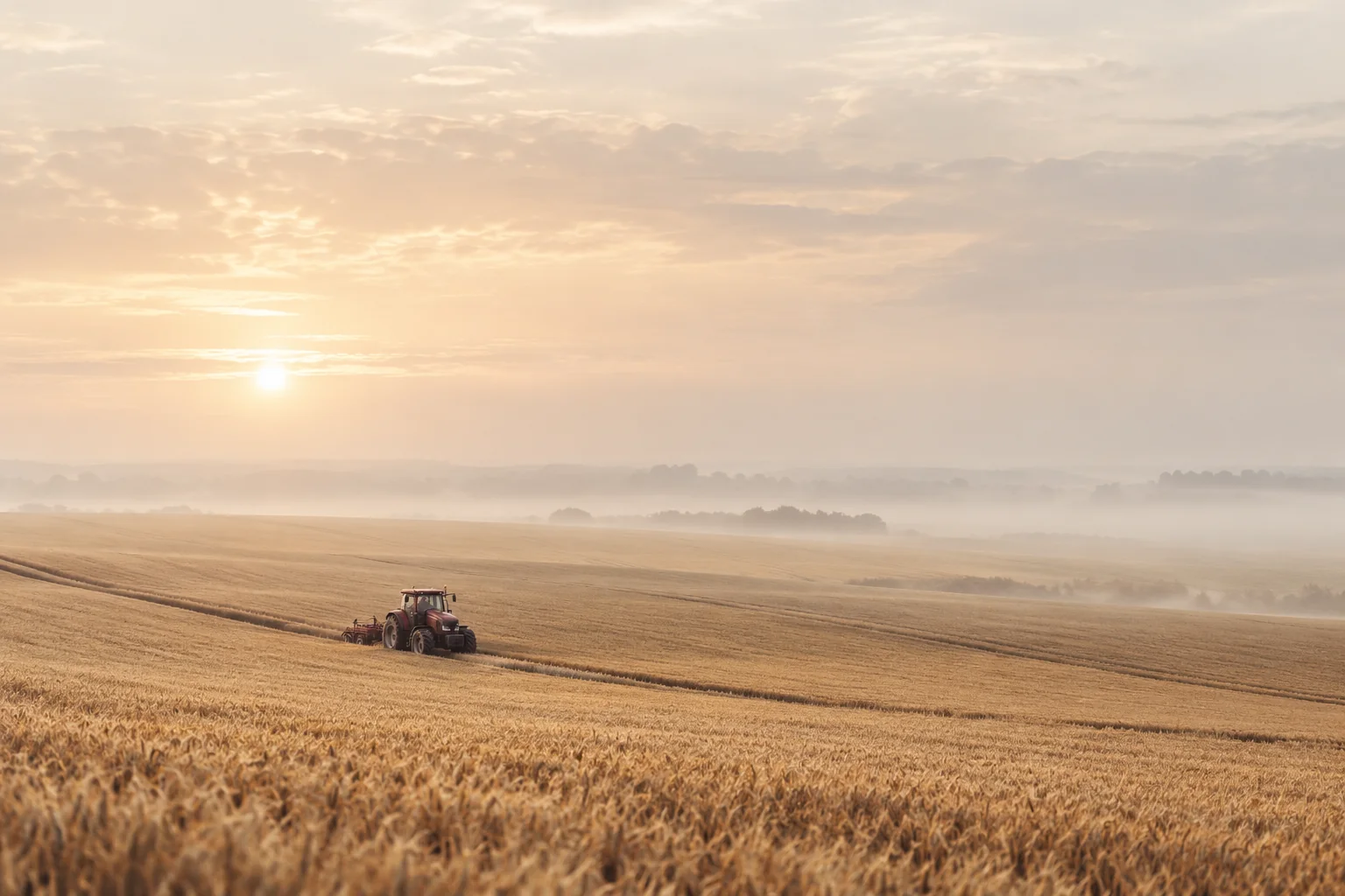 A burgundy tractor crosses a wheat field beneath a misty morning sky.