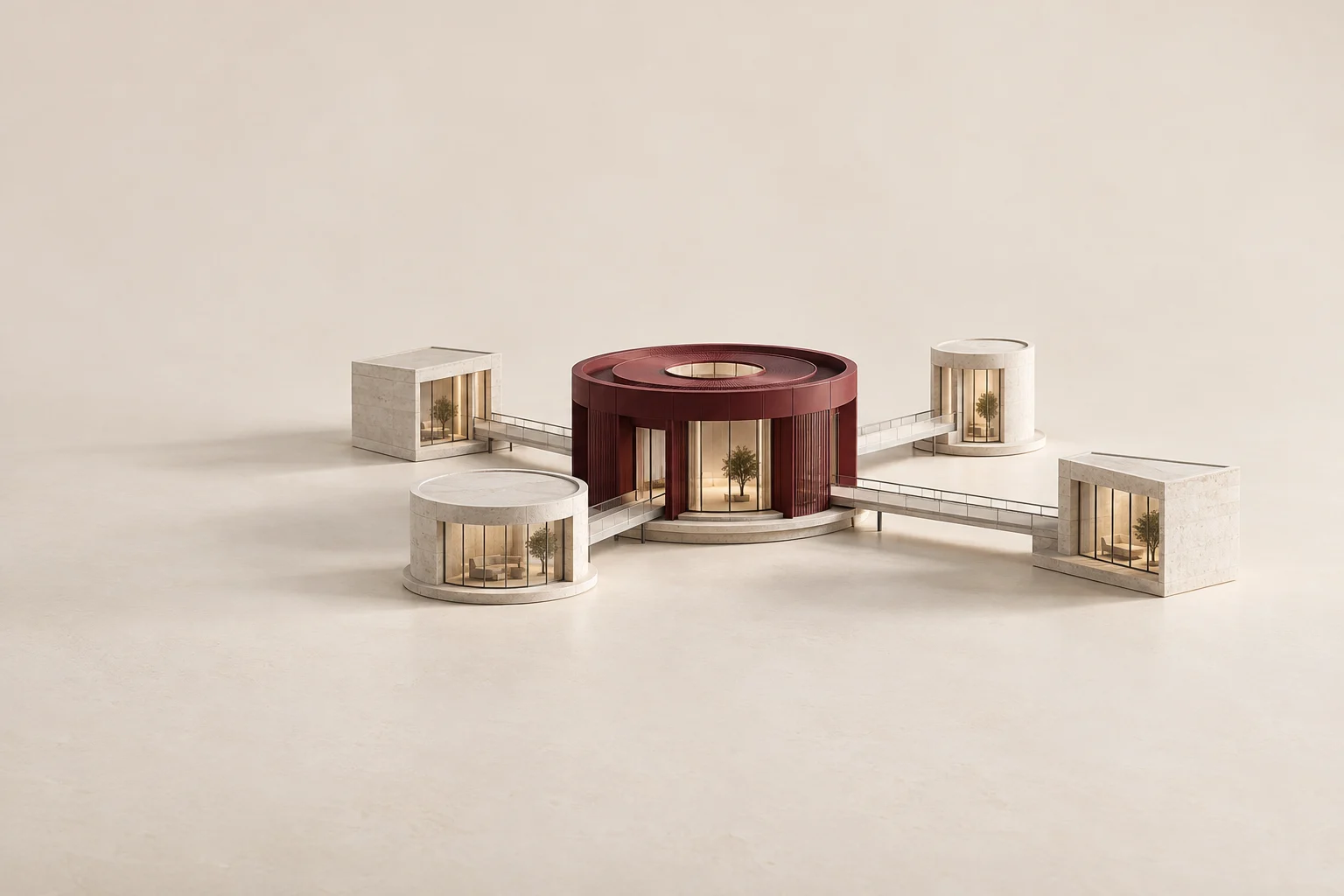 A central burgundy pavilion connects to smaller stone and glass modules.