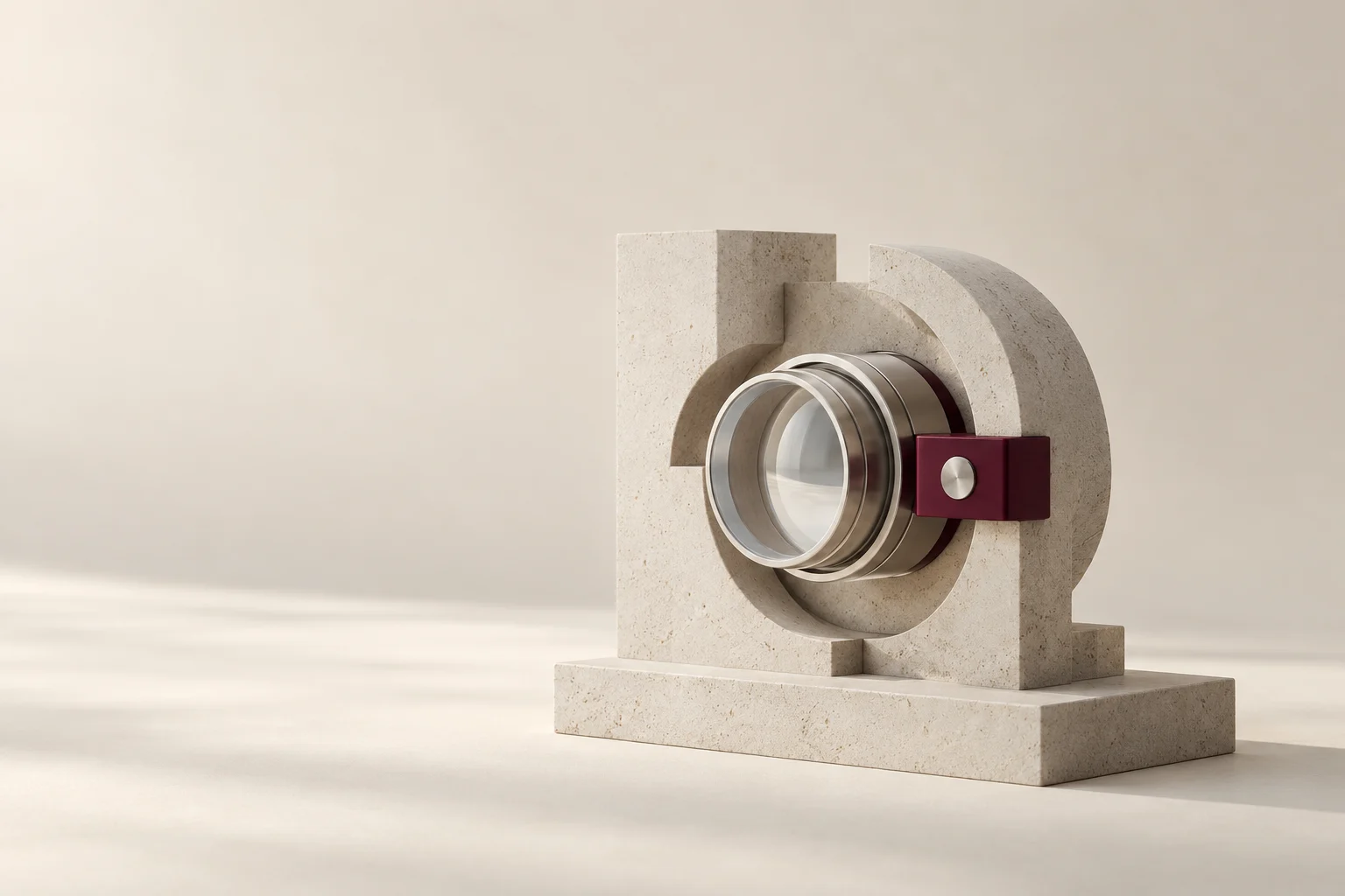 An optical lens is fitted into a stone mechanism with a burgundy joining piece.