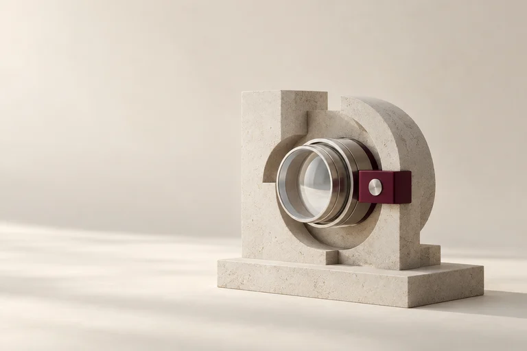 An optical lens is fitted into a stone mechanism with a burgundy joining piece.