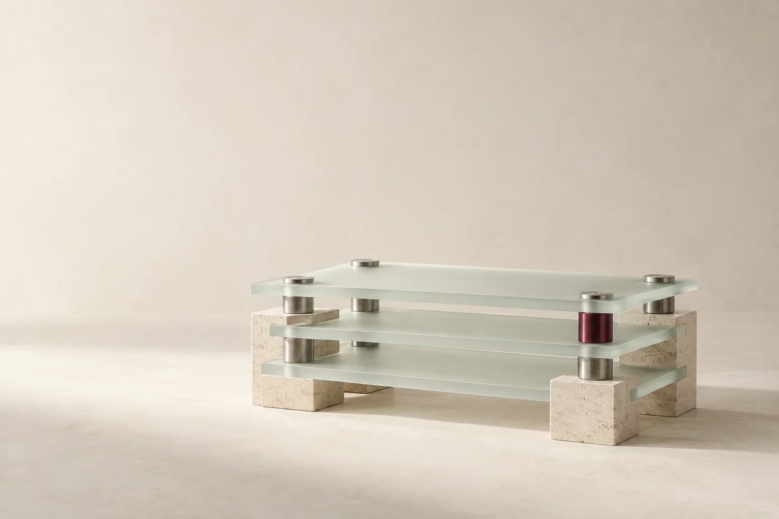 Modular glass layers rest on stone supports with a burgundy connector.