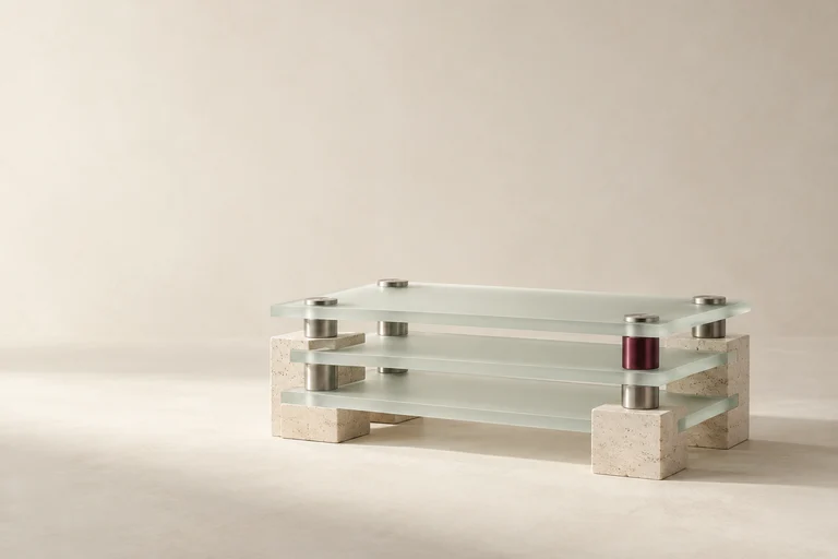 Modular glass layers rest on stone supports with a burgundy connector.