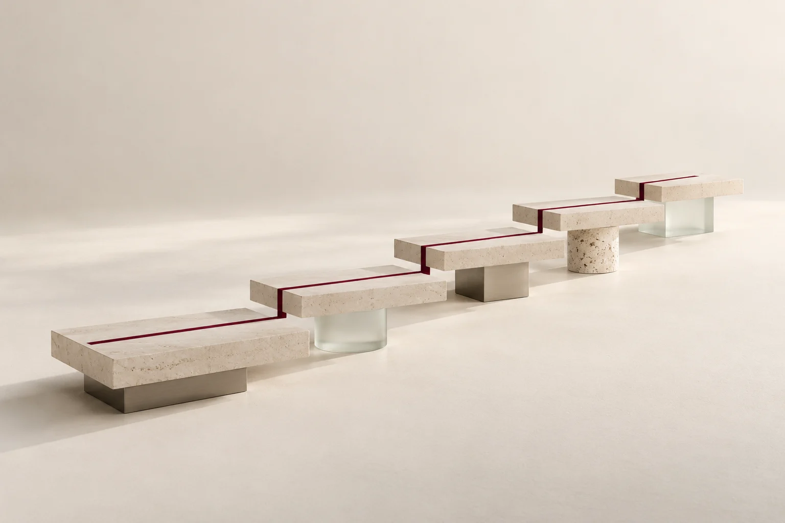A fine burgundy line links a sequence of raised stone and glass platforms.