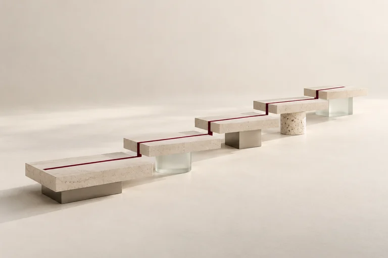A fine burgundy line links a sequence of raised stone and glass platforms.