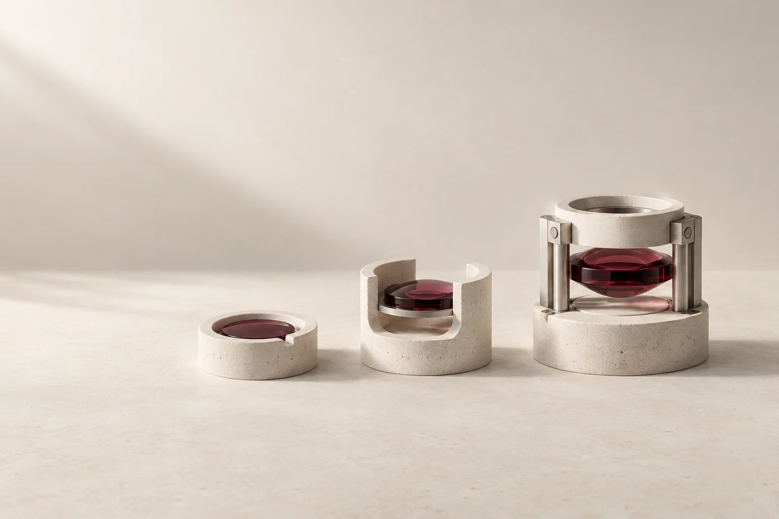 Three increasingly complex ceramic lens holders contain burgundy glass elements.
