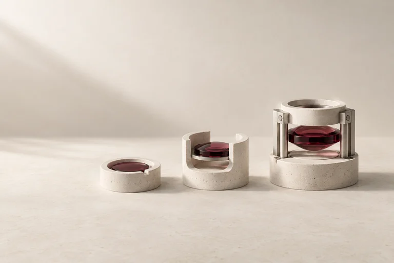 Three increasingly complex ceramic lens holders contain burgundy glass elements.