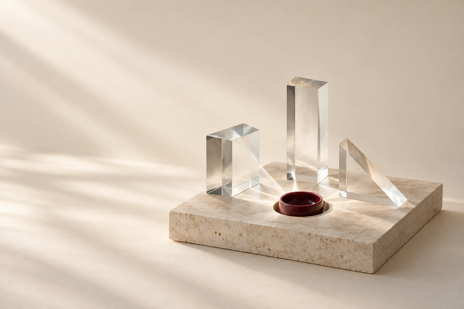 Three glass prisms gather light around a burgundy ceramic inset.