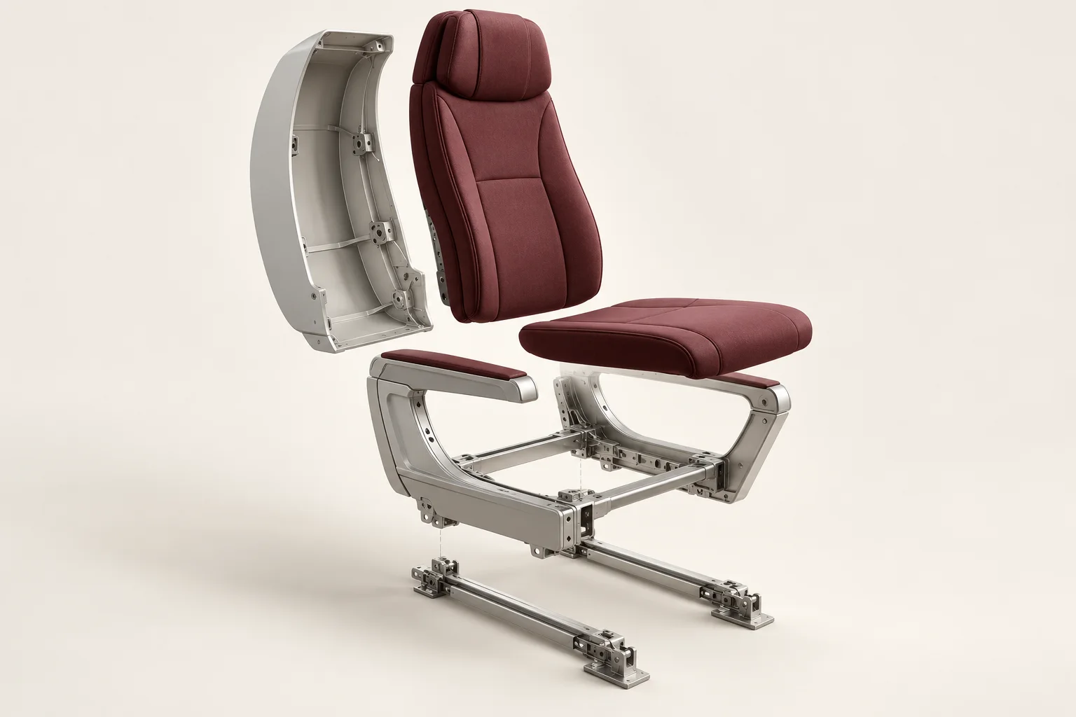 Exploded CAD-style assembly of a single aircraft seat, with burgundy cushions, a pale back shell, aluminum frame and floor attachment rails.