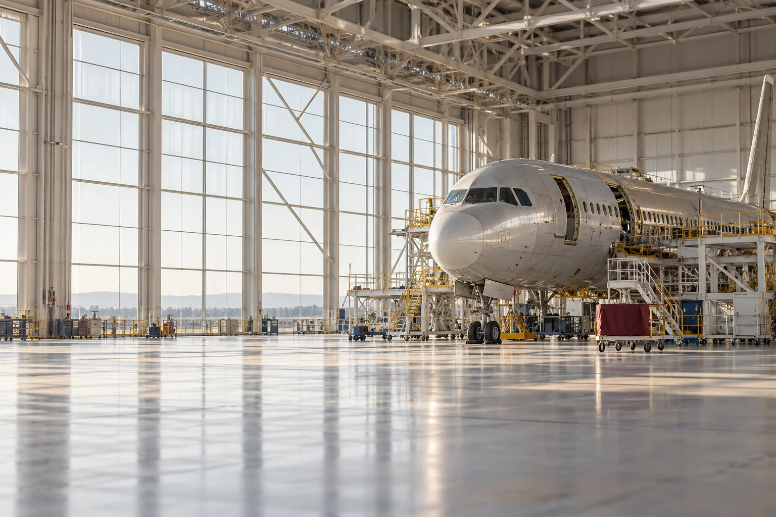 The unbranded silver nose and cockpit section of a passenger aircraft under assembly at the far side of a vast bright hangar, a small burgundy protective cover on a service fixture.
