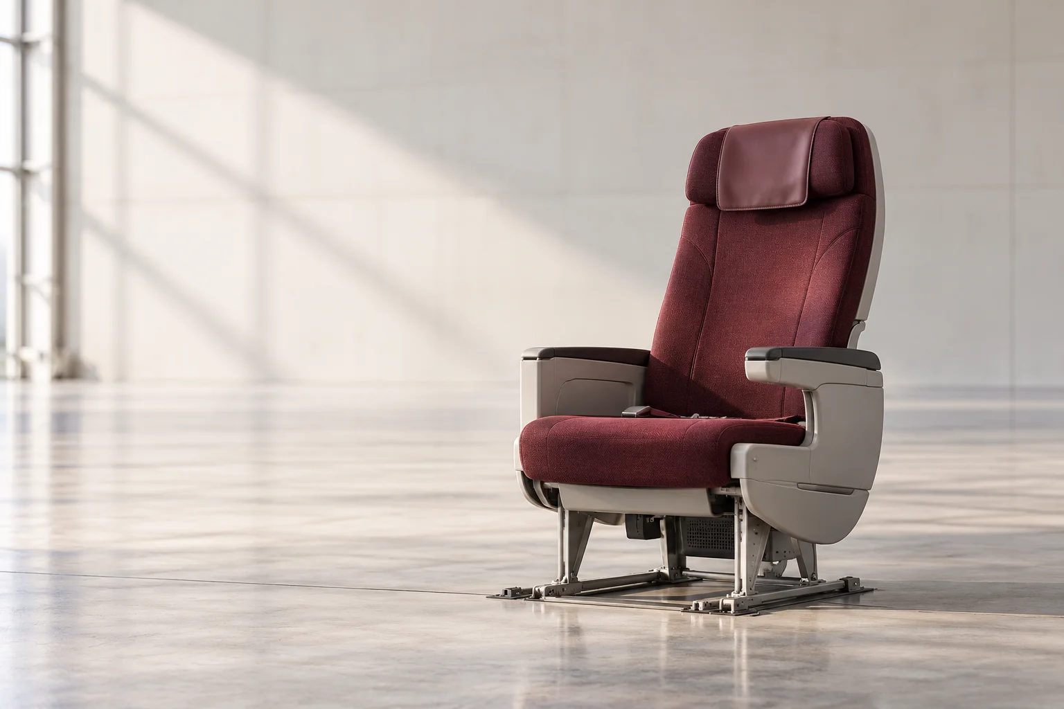 One precisely engineered aircraft passenger seat with muted burgundy upholstery displayed alone on an expansive pale aerospace studio floor, real seat rails and believable aviation proportions.