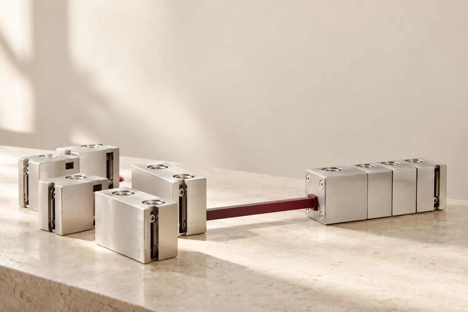 Separate aluminum modules consolidated into one assembly along a burgundy rail.