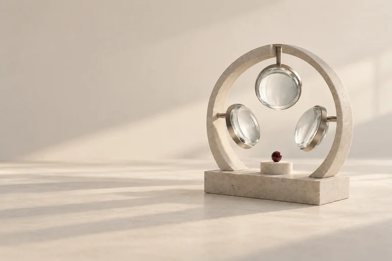 Three mounted glass lenses in a pale stone frame around a burgundy sphere, lit by soft daylight.