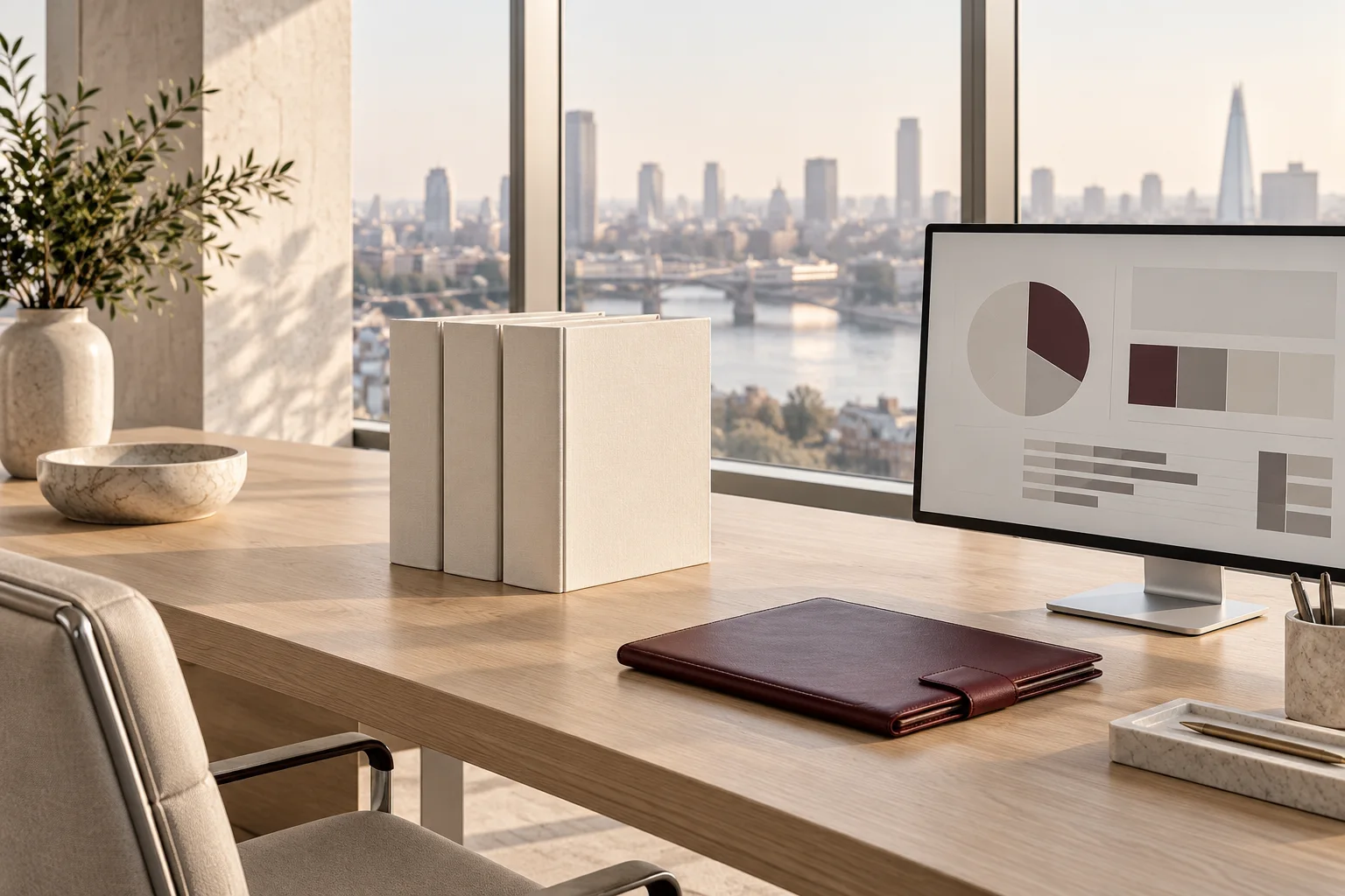 Investment research binders and a monitor on a pale desk overlooking a city.