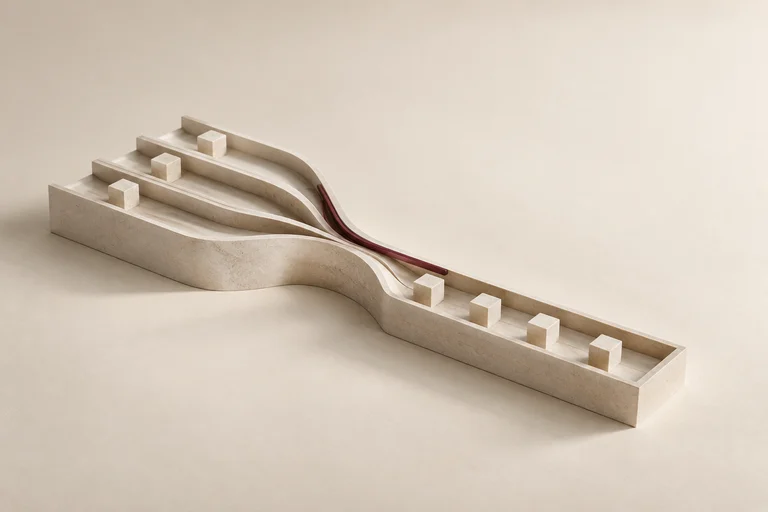 Three stone channels converge into an orderly path with a burgundy guide.