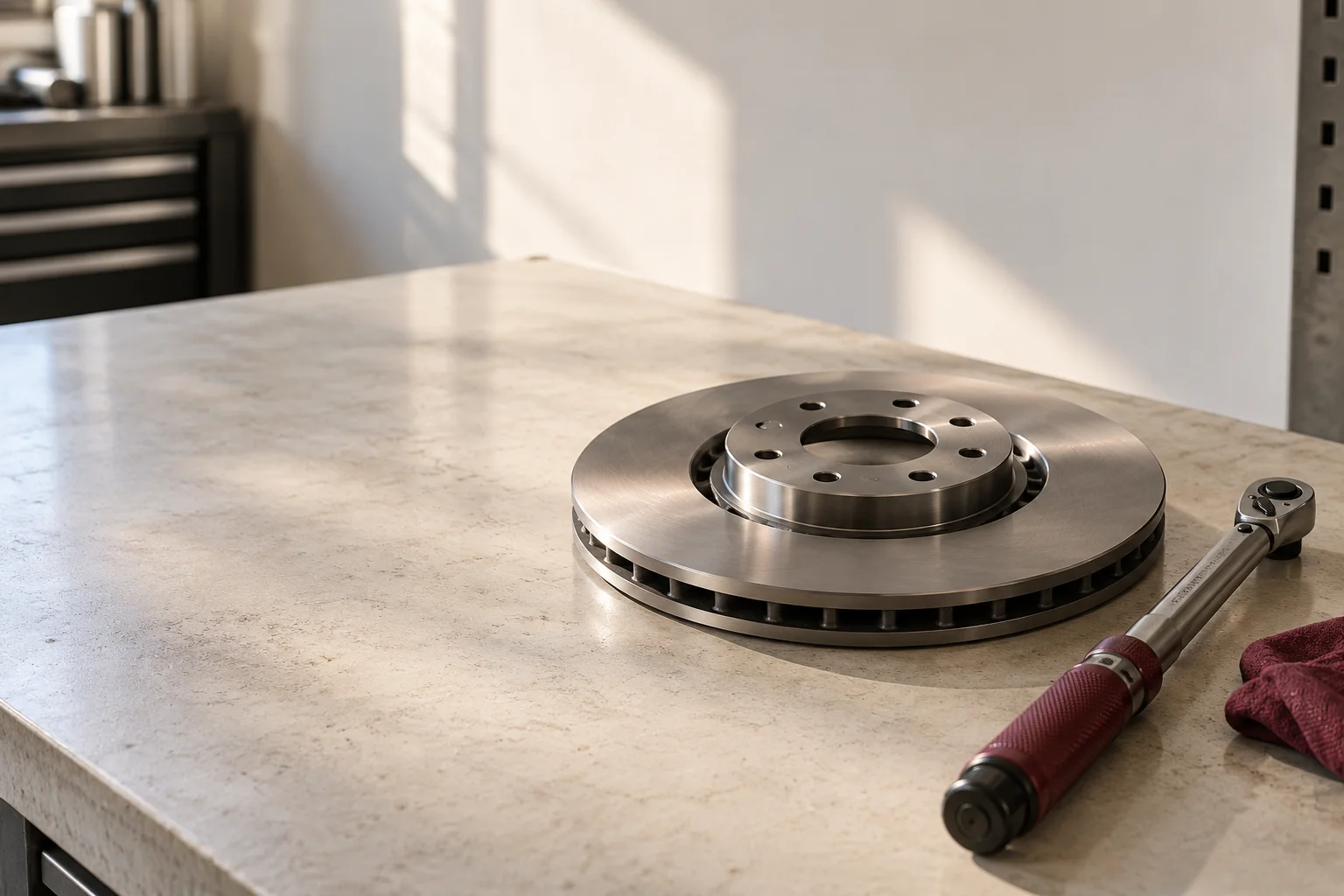 A single immaculate automotive brake disc and a burgundy-handled torque wrench on a broad pale service workbench, tangible realistic materials, no branding.