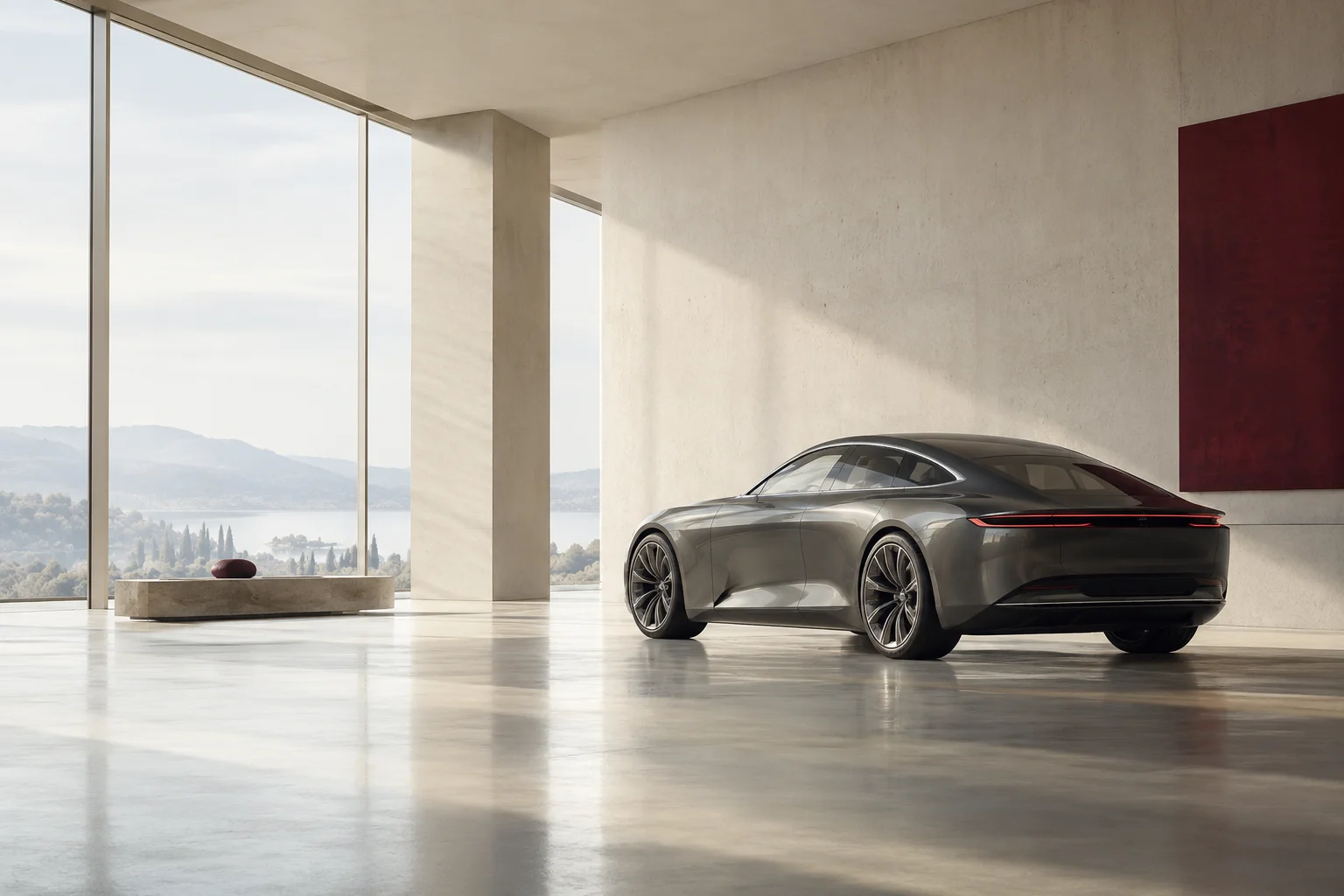 A sculptural unbranded graphite vehicle body in a vast pale automotive design studio, a small burgundy rear lamp detail, quiet daylight and generous floor space.