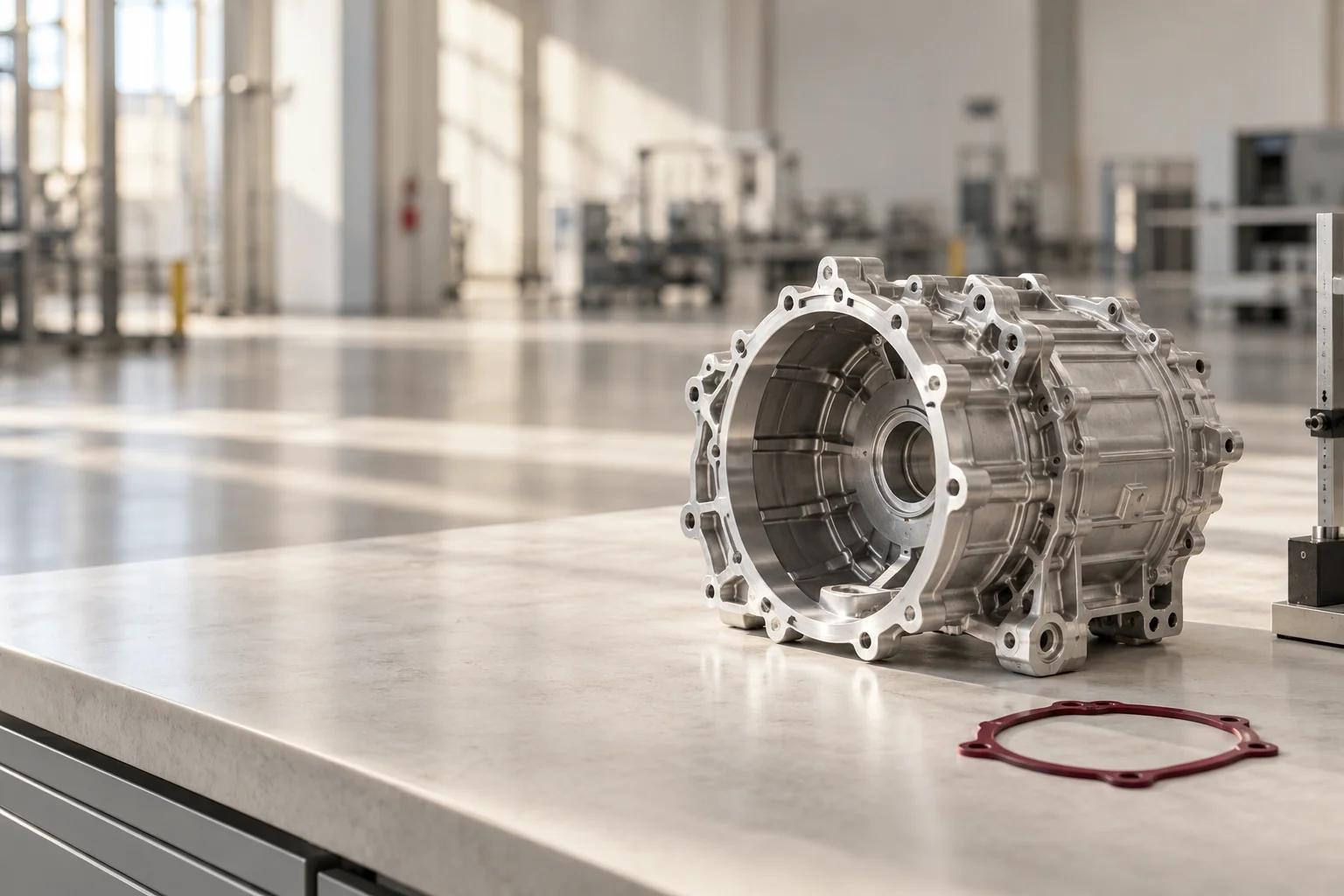 A precision aluminum automotive motor housing on a pale factory inspection bench, a small burgundy protective gasket, empty clean industrial space behind.