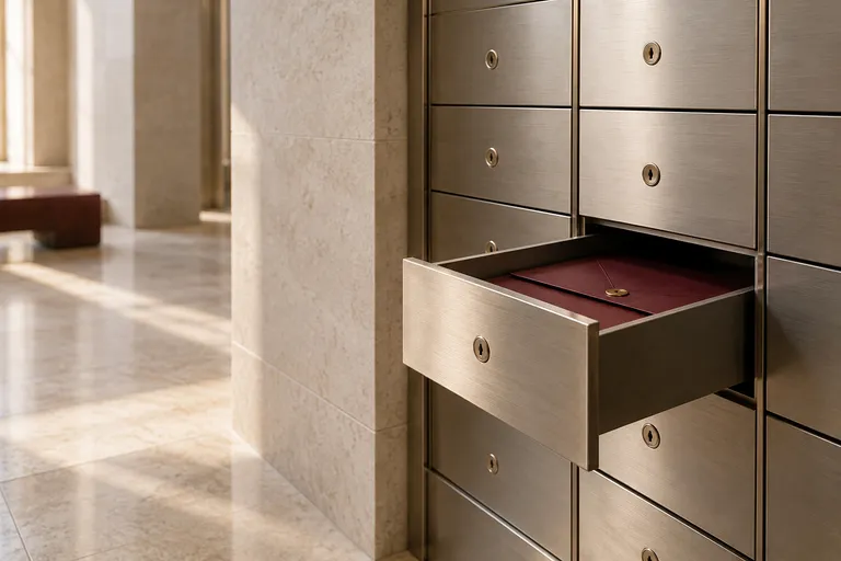 A solid brushed-metal bank safe-deposit drawer slightly open with a small burgundy document sleeve inside, pale limestone surroundings, generous quiet architecture.