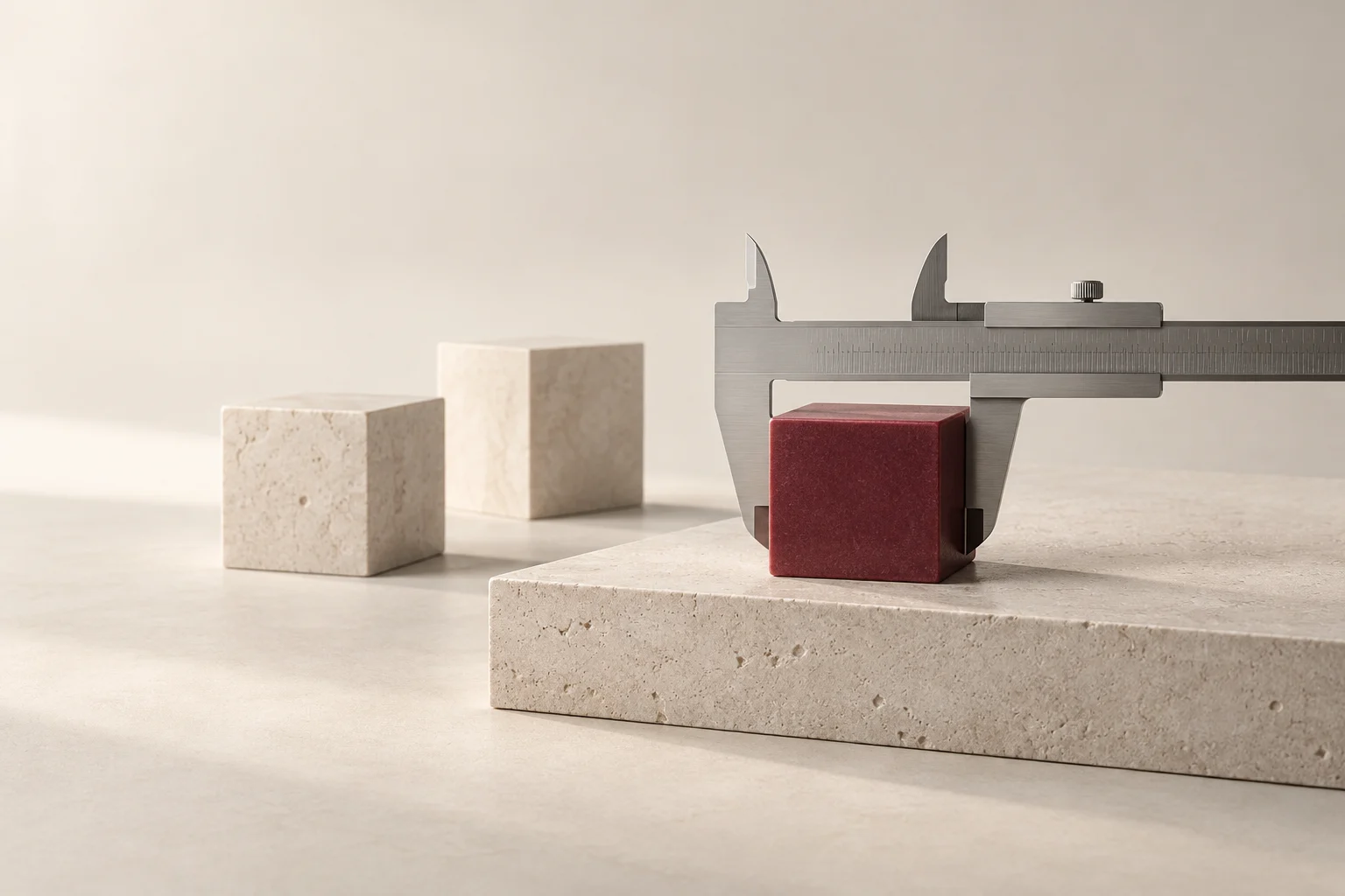 A steel caliper measures a burgundy ceramic block on a limestone base.