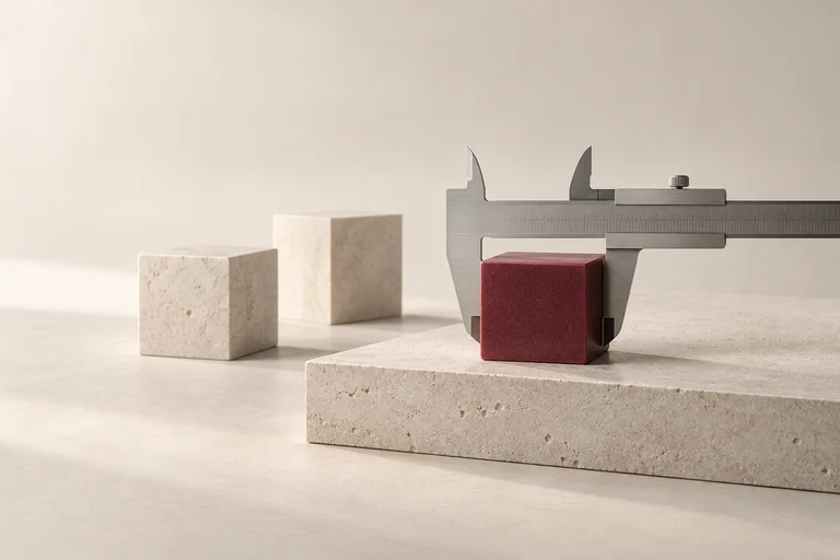 A steel caliper measures a burgundy ceramic block on a limestone base.