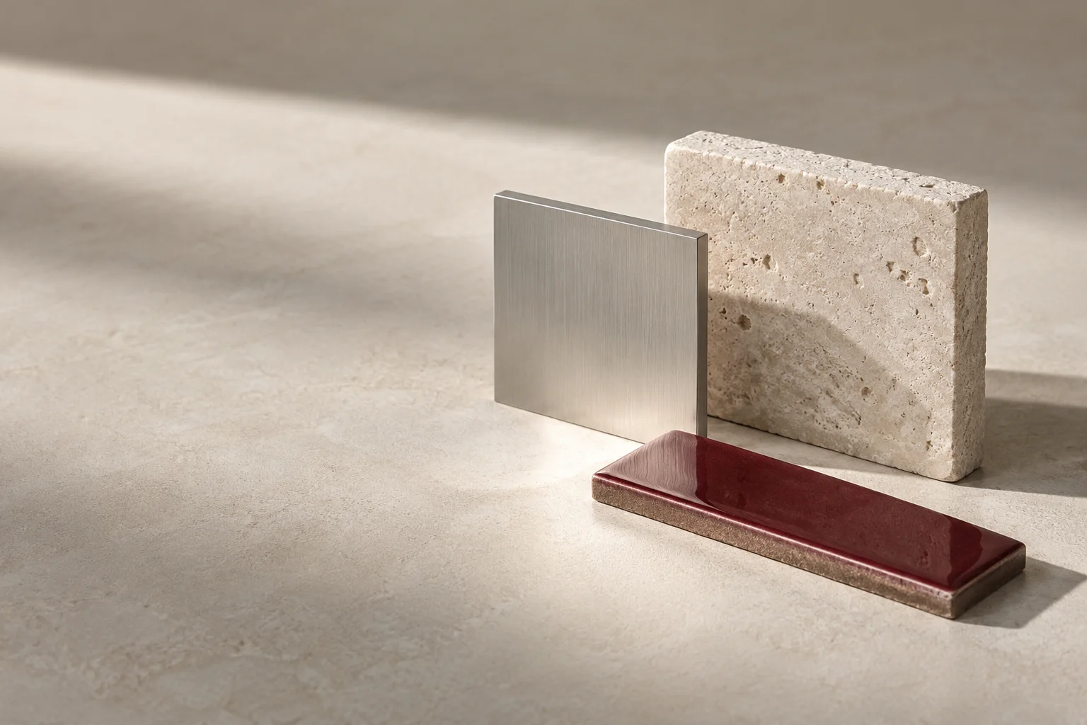Three small architectural material samples: pale limestone, anodized aluminum and a narrow burgundy glazed ceramic tile, arranged precisely on a large neutral studio surface.