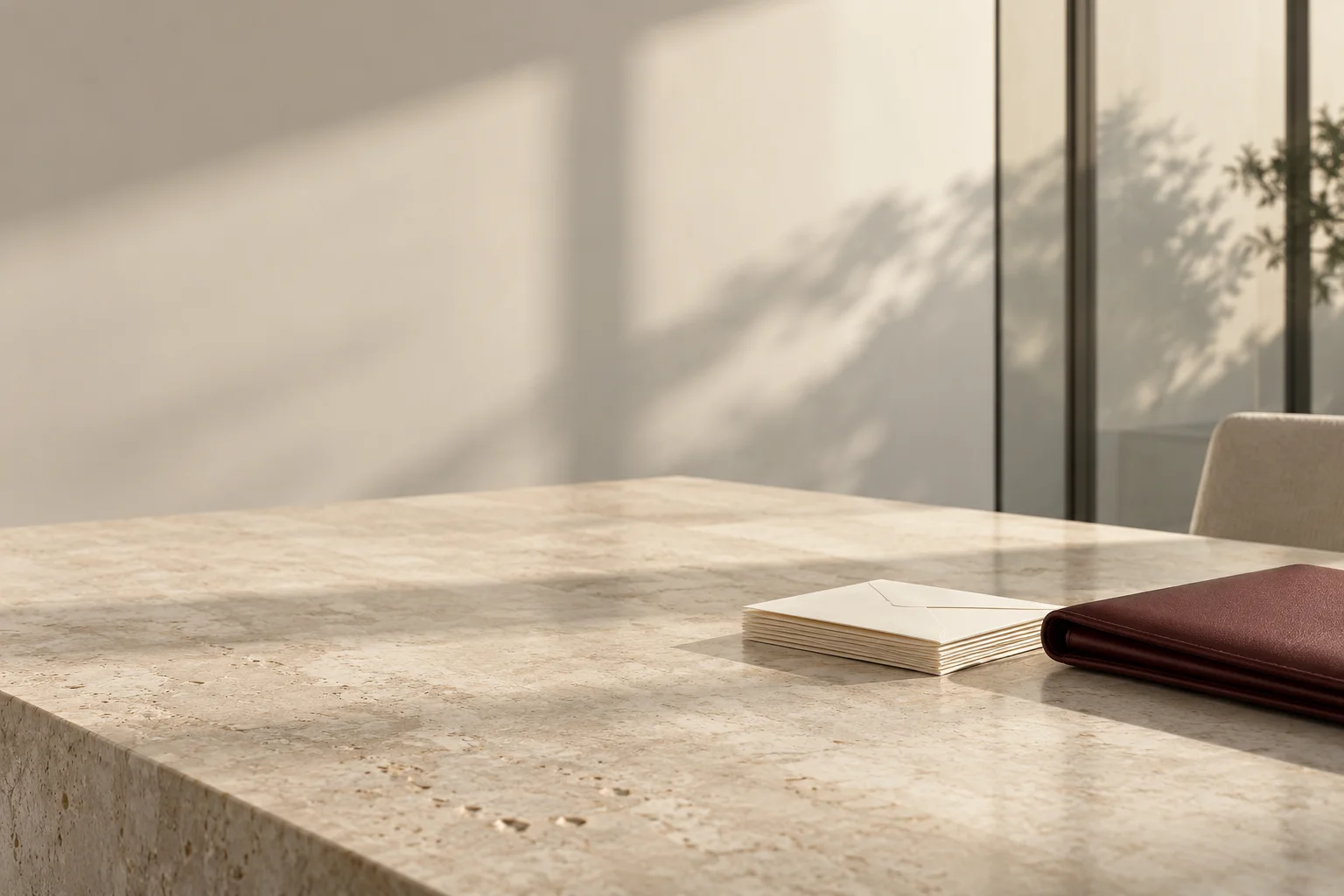 Unmarked correspondence and a burgundy folio on a sunlit limestone desk.