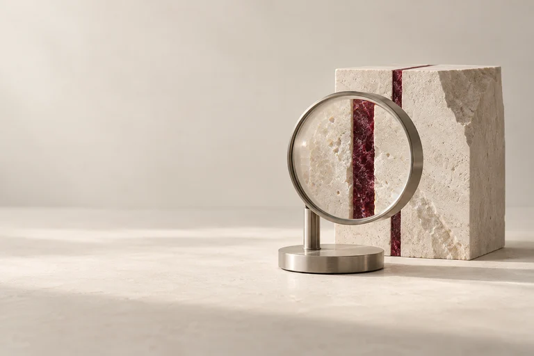 A metal magnifying lens examines a burgundy seam in a pale stone block.