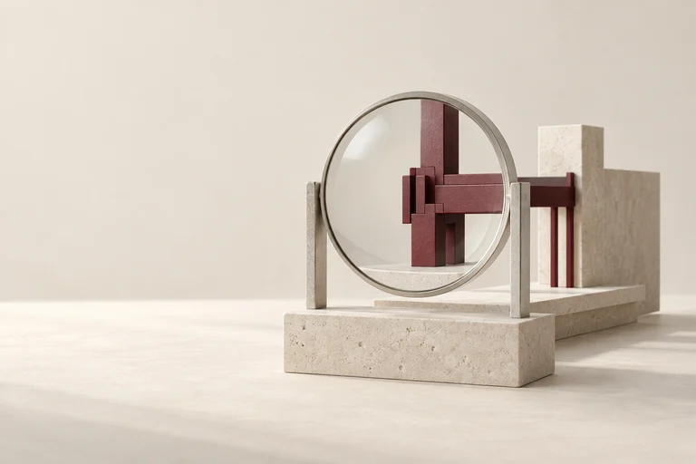 A round glass lens reveals a burgundy structural joint in a stone model.
