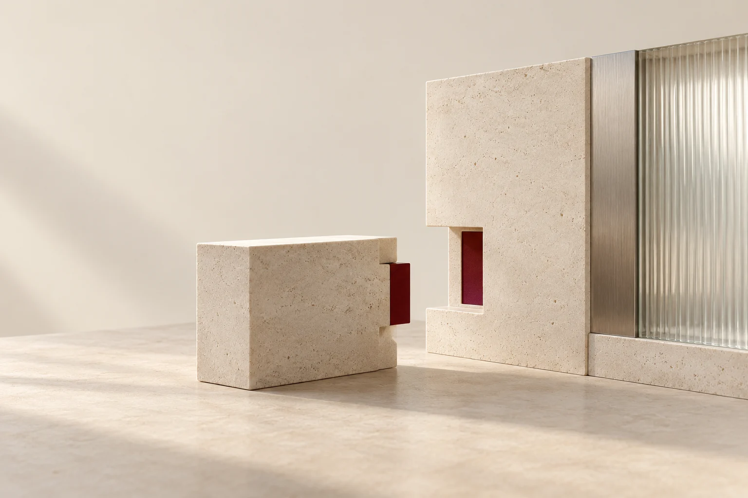 A limestone module with a burgundy tab aligned with a matching recess in a larger model.