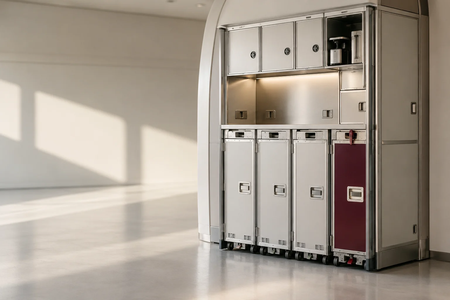 A pristine unbranded aircraft galley monument with real compact storage compartments in a pale aerospace test space, one small burgundy trolley latch, exact industrial geometry.