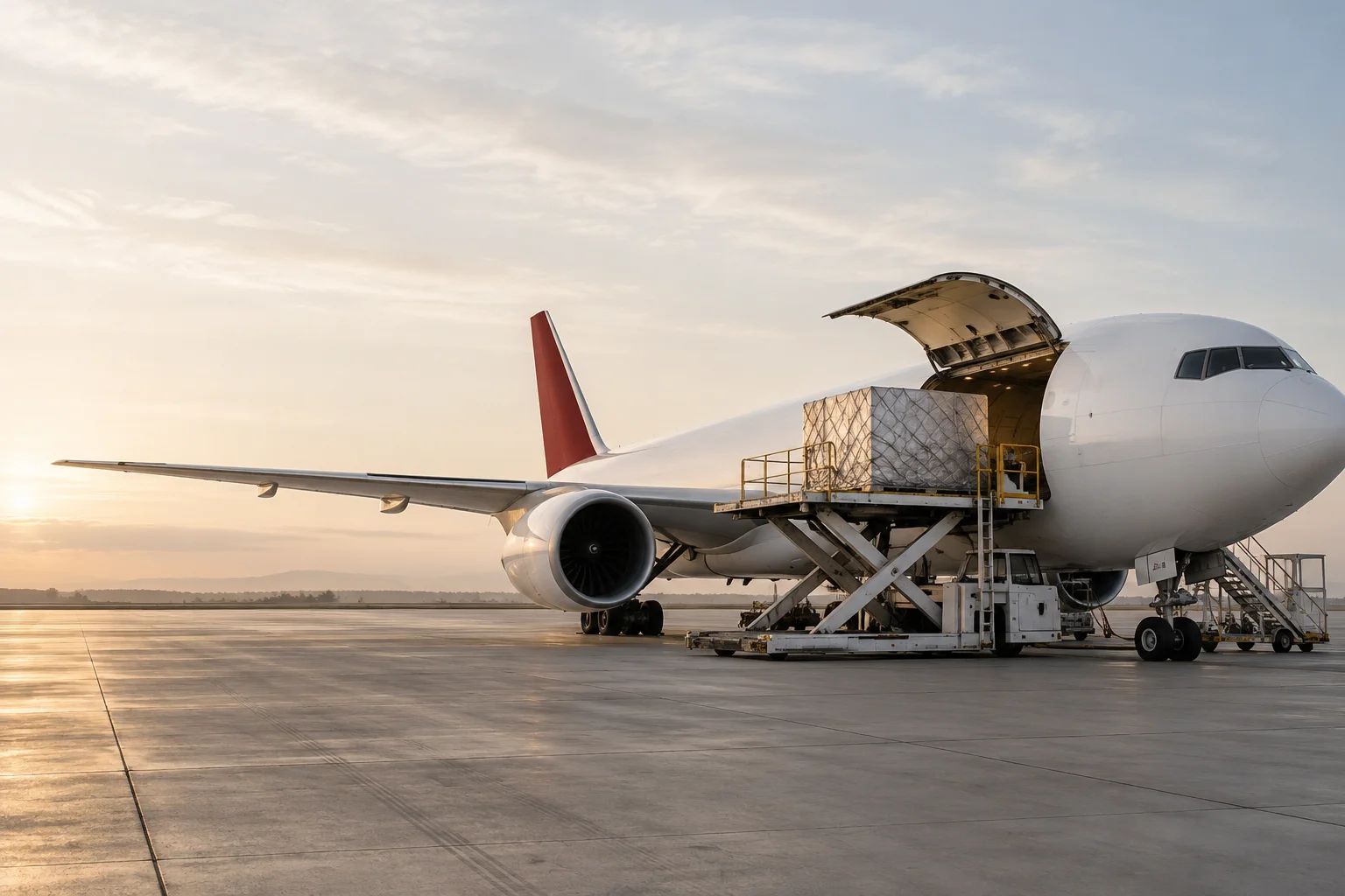 An unbranded white cargo aircraft with an open cargo door and one freight container on a loader, a small burgundy tail detail, spacious quiet concrete apron.
