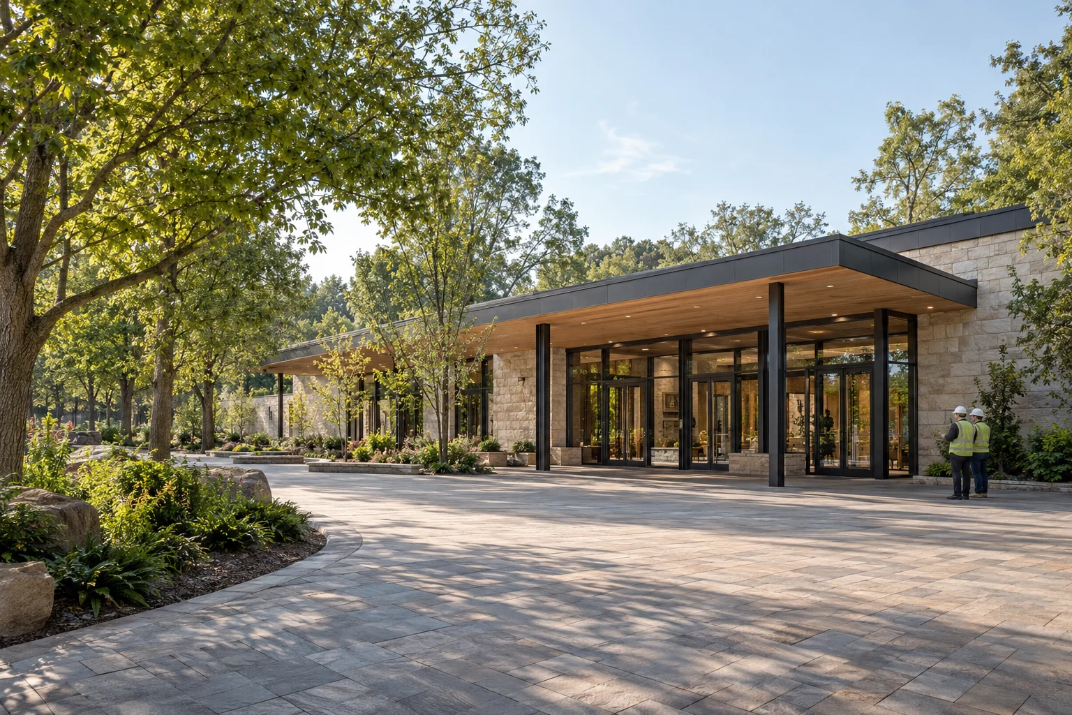 Project engineers inspecting a newly completed attraction pavilion and landscaped entrance plaza.