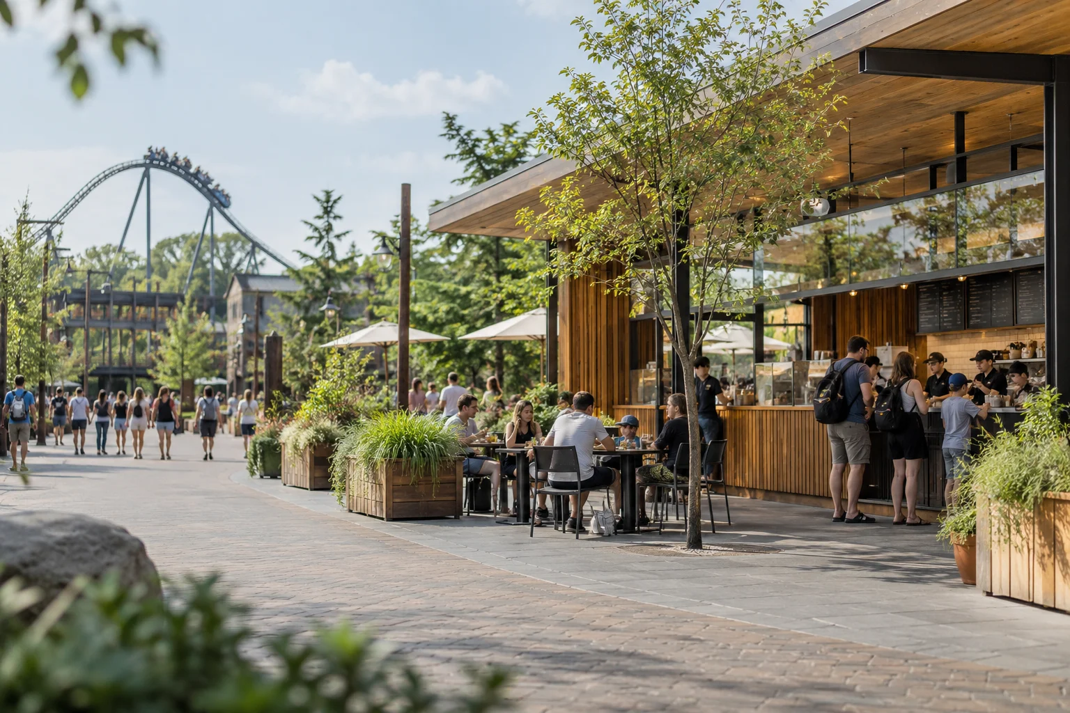 Guests at a contemporary park food-service pavilion and outdoor tables.