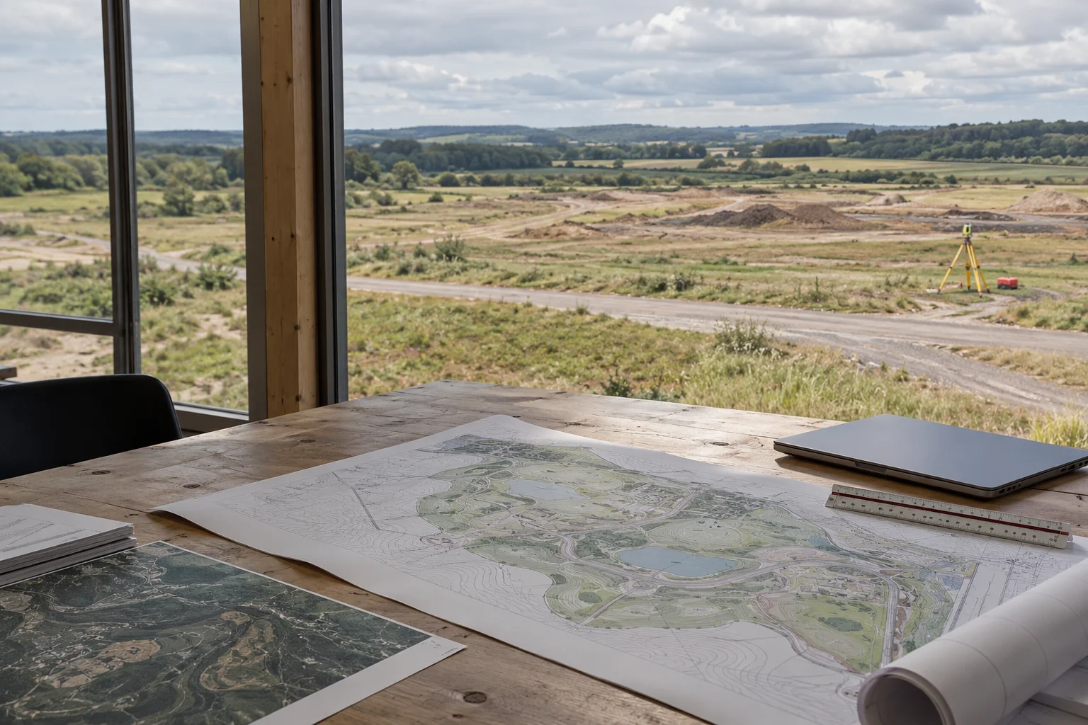 Site plans in a planning office overlooking undeveloped land.
