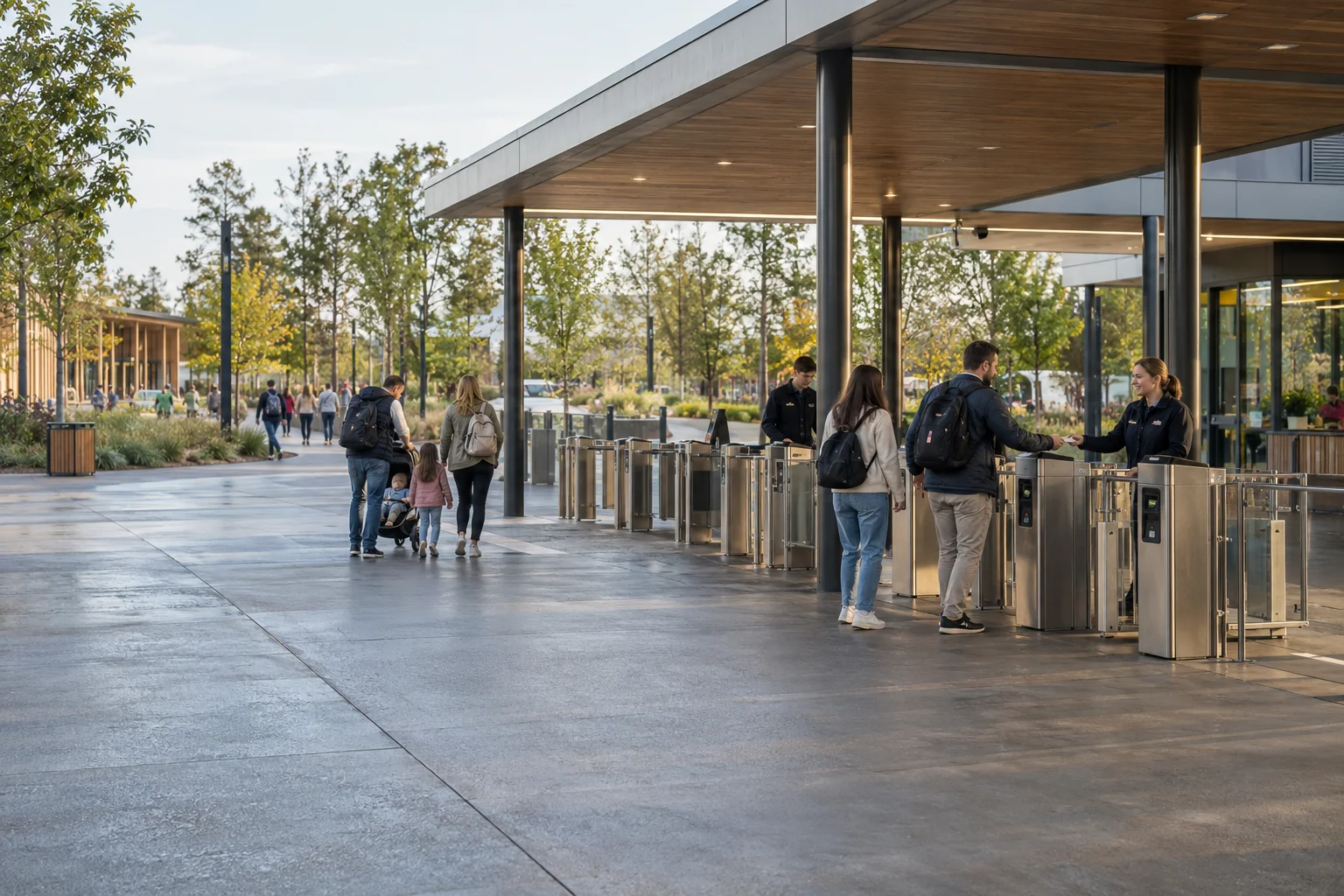 Admission staff helping guests at a contemporary park entrance.
