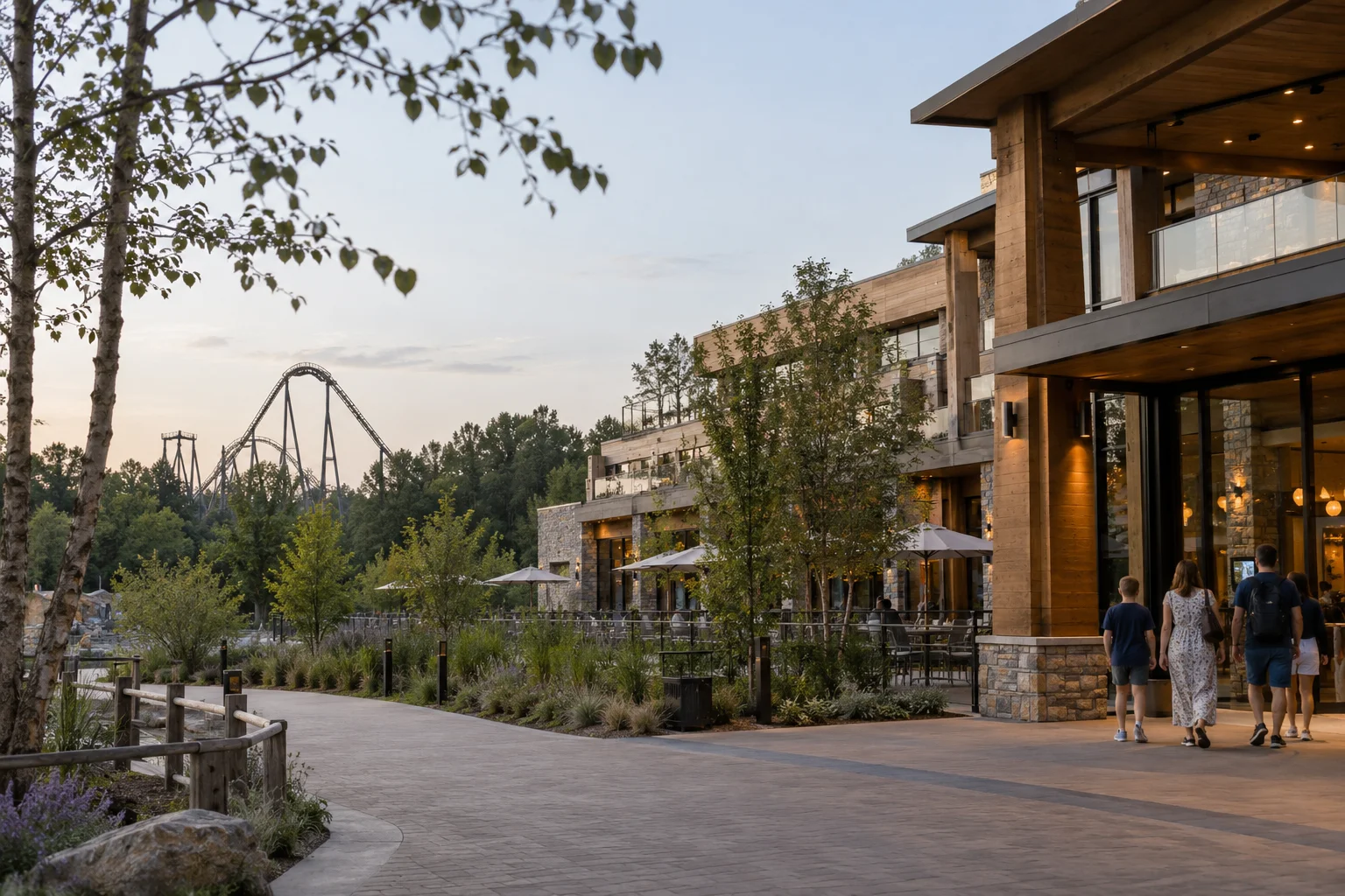 A contemporary hotel and pedestrian connection to nearby park attractions.