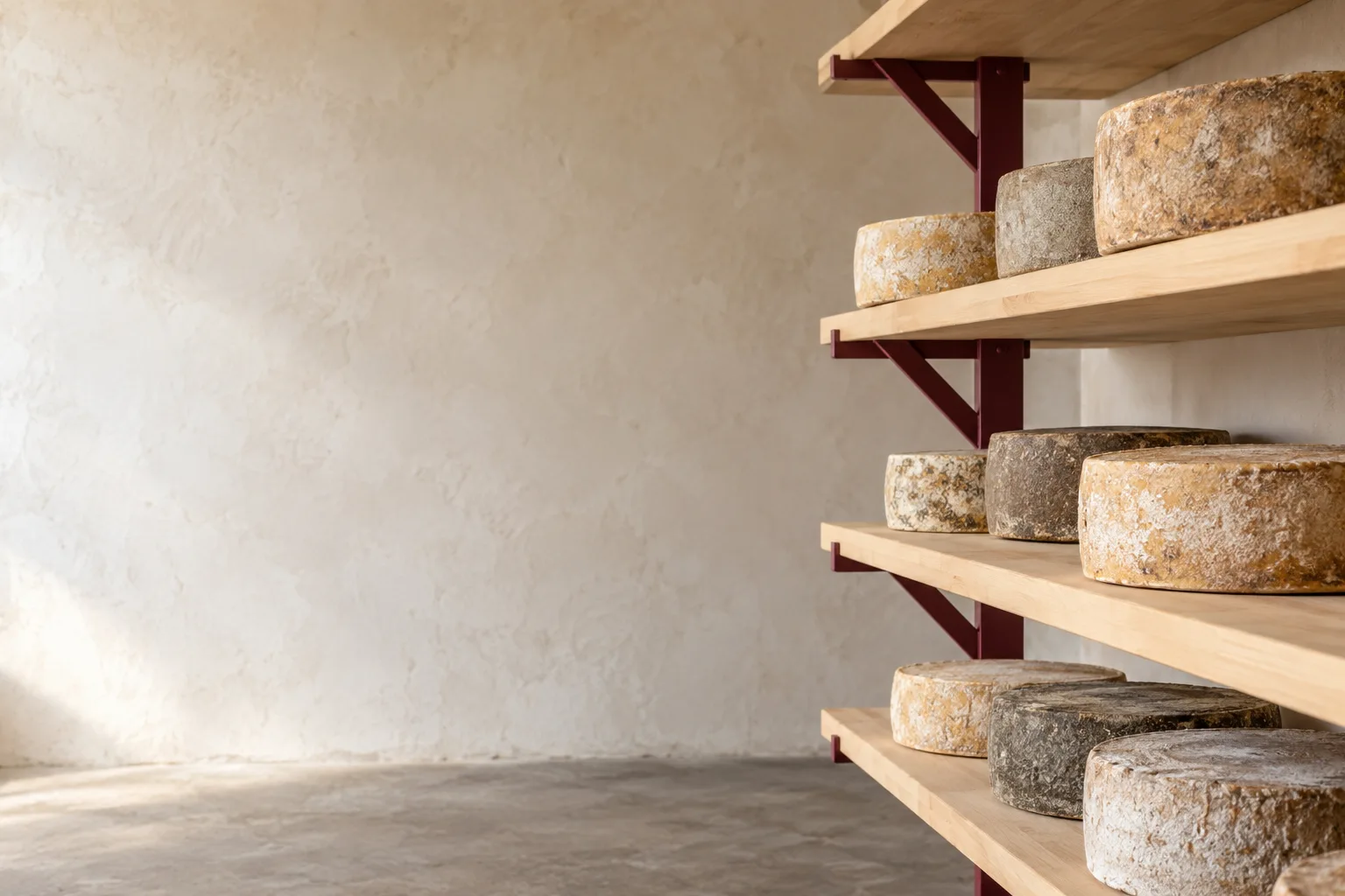 Natural-rind cheese wheels on light timber shelves in a quiet maturation room.