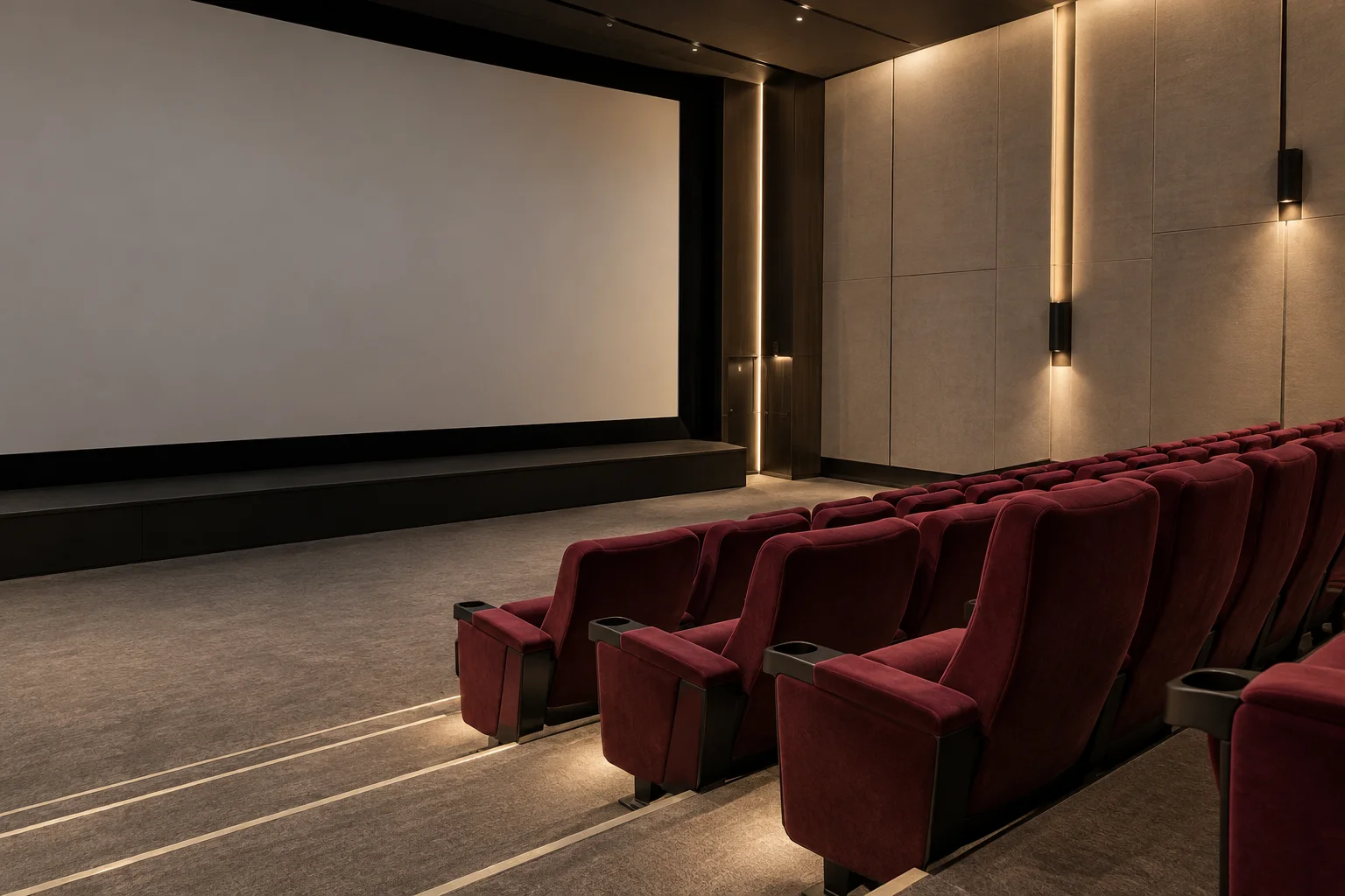 Burgundy seats facing an unlit screen in a contemporary cinema auditorium with warm architectural lighting.