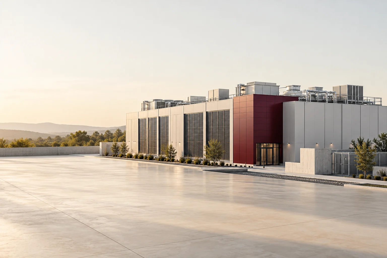 A contemporary data-center model with a burgundy detail on a pale architectural table.
