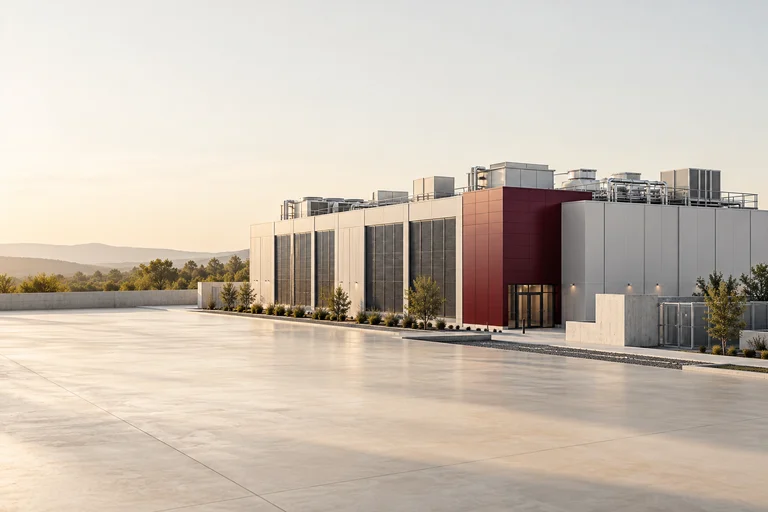 A contemporary data-center model with a burgundy detail on a pale architectural table.