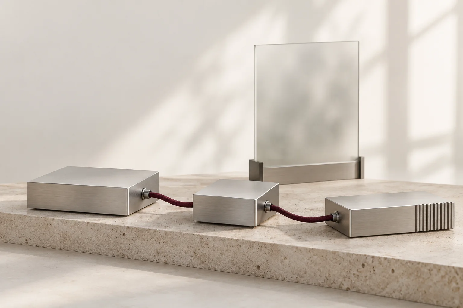 Three grounded aluminum modules connected by a burgundy cable.