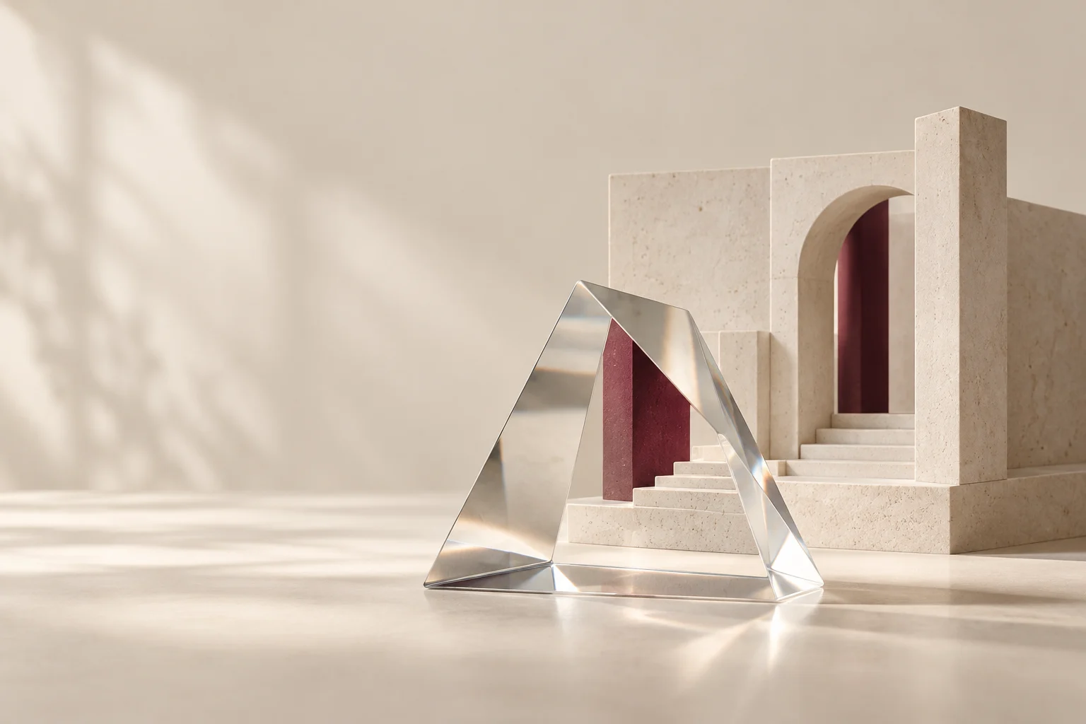 A clear optical prism reveals the burgundy detail of a stone architectural model.