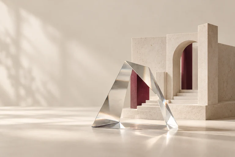 A clear optical prism reveals the burgundy detail of a stone architectural model.