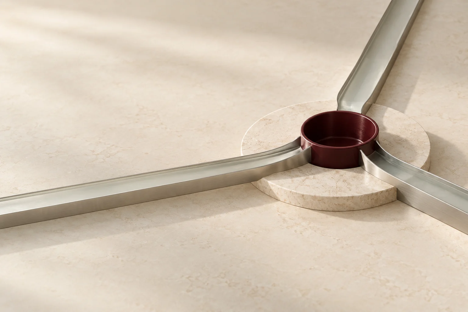 Metal channels converge at a burgundy collection point on a pale stone base.